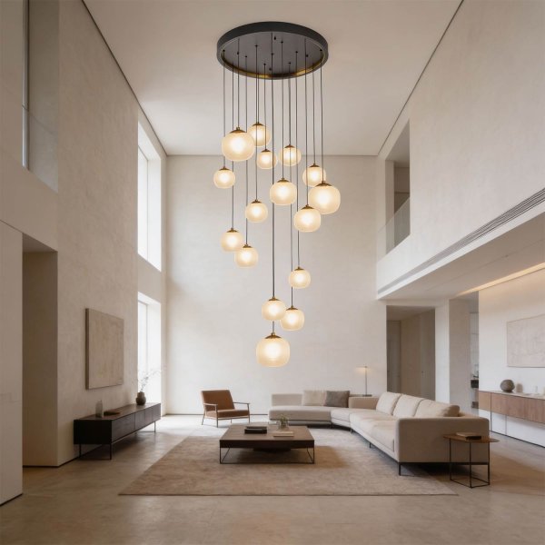 Plafonnier OKO 16 lumières blanc opal et noir, grand plafonnier bicolore LED